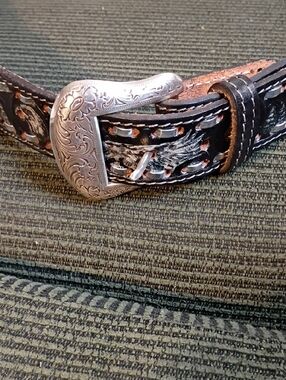 Dakota Black Leather Belt 40 In with Engraved Silver Buckle